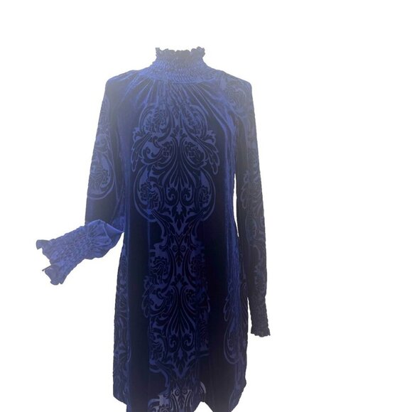 Alexa Admor Blue Velvet Burn Out Pattern Dress Long Sleeve High Neck Size Large - Picture 1 of 9